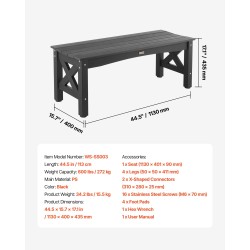 Ulkopenkki 113 cm säänkestävä PS-muovi kantavuus 272 kg säädettävät jalkatassut musta