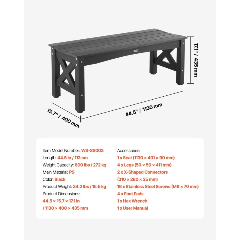 Ulkopenkki 113 cm säänkestävä PS-muovi kantavuus 272 kg säädettävät jalkatassut musta