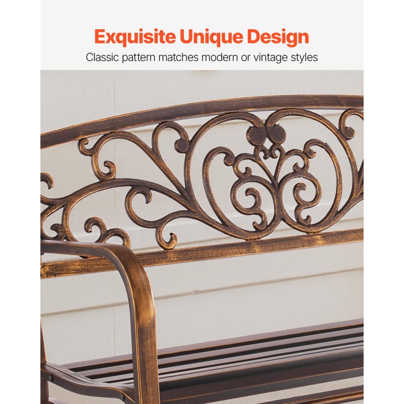 Keinuva puutarhapenkki 127 cm hiiliteräs runko valurautainen selkänoja 2–3 henkilölle antiikkipronssi