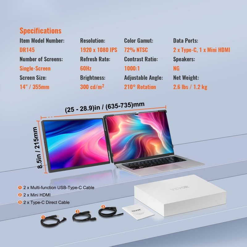 Kannettava 14 tuuman lisänäyttö 1920x1200 IPS kääntyvä USB-C ja Mini HDMI