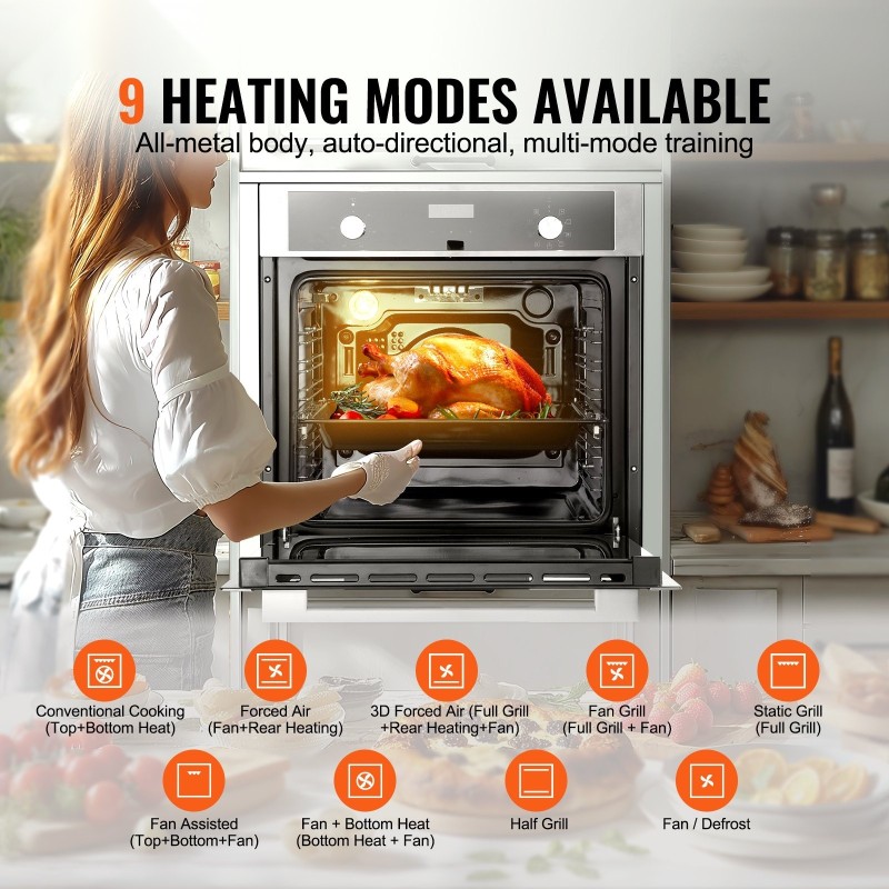 Sisäänrakennettu sähköuuni 24 tuumaa 76 litraa 3550 wattia 9 toimintoa