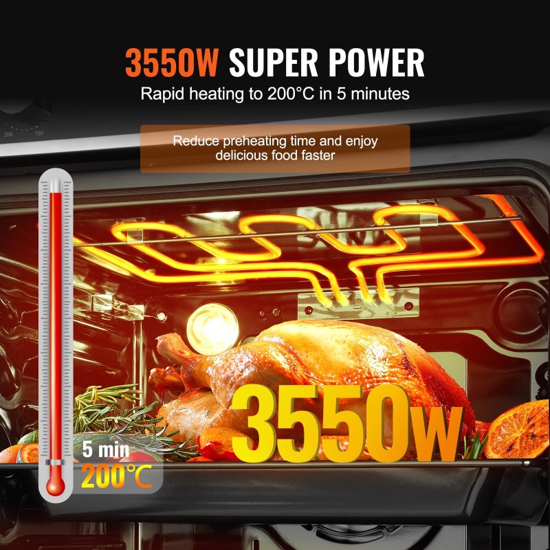 Sisäänrakennettava 24 tuuman sähköuuni 76 litraa 3550 wattia 9 toimintoa