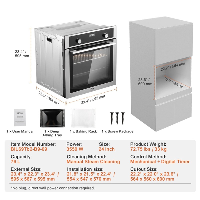 Sisäänrakennettava 24 tuuman sähköuuni 76 litraa 3550 wattia 9 toimintoa
