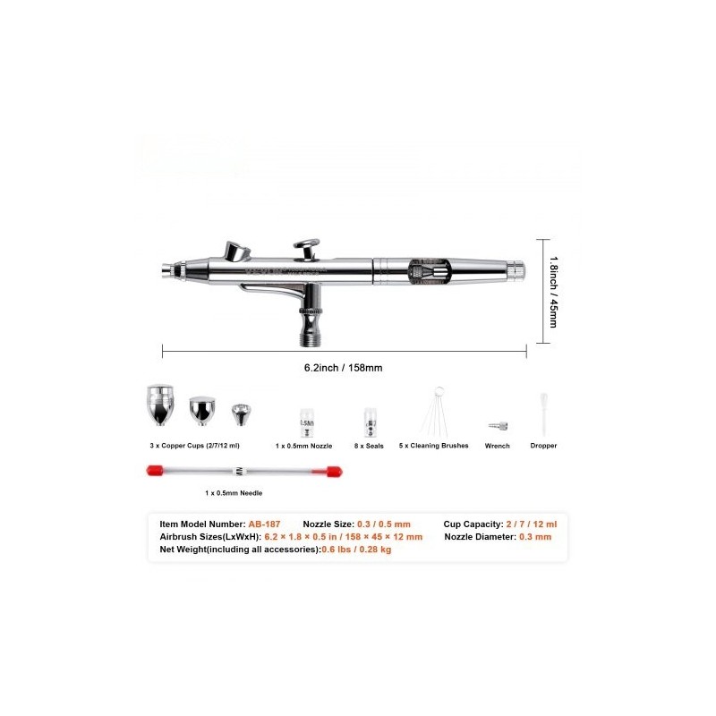 Kynäruisku kaksoistoiminen painovoimasyöttöinen 0,3/0,5 mm kuparikupit 2/7/12 ml elintarvikekäyttöön
