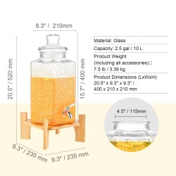 Lasinen juoma-annostelija 10 l paksu lasirunko ruostumattomalla teräshanalla puujalustalla juhliin