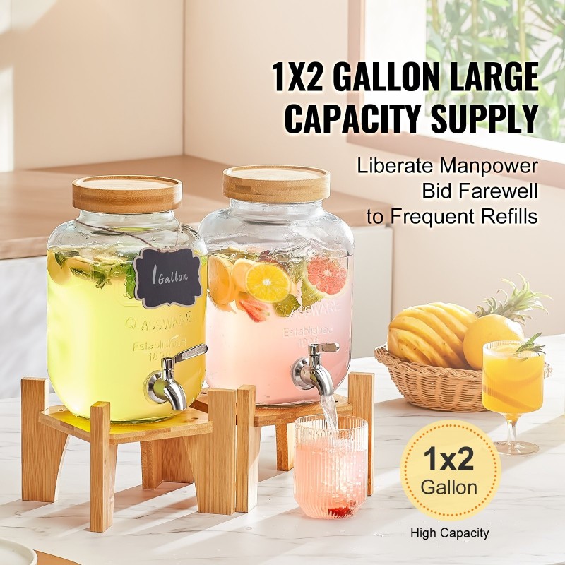 Lasinen juoma-annostelija 3,8 l ruostumaton teräshana puinen jalusta lasikansi