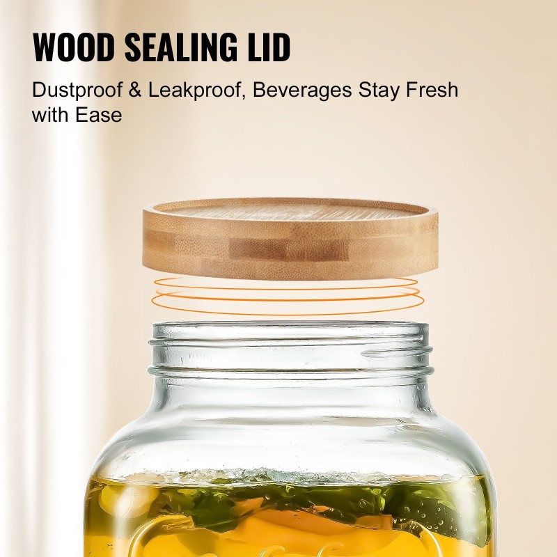 Lasinen juoma-annostelija 3,8 l ruostumaton teräshana puinen jalusta lasikansi