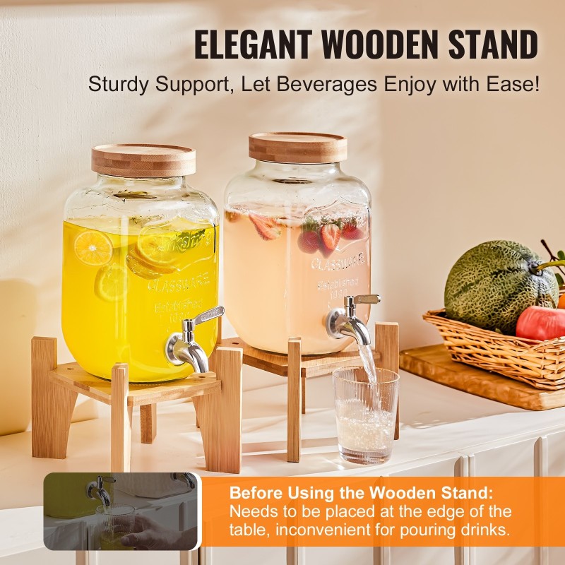 Lasinen juoma-annostelija 3,8 l ruostumaton teräshana puinen jalusta lasikansi