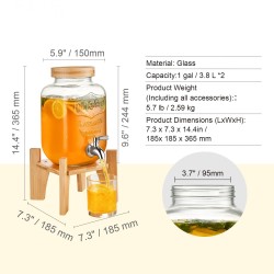 Lasinen juoma-annostelija 3,8 l ruostumaton teräshana puinen jalusta lasikansi