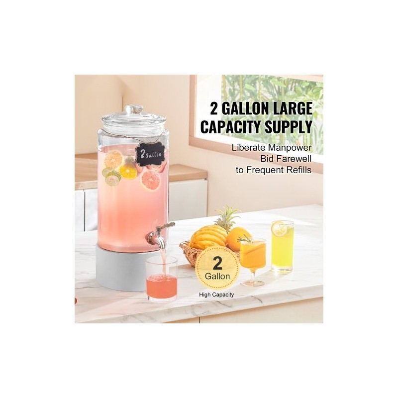 Lasinen juoma-annostelija 7,5 l ruostumaton teräshana puujalustalla lasikannella juhliin