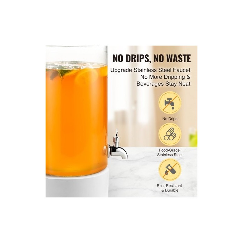 Lasinen juoma-annostelija 7,5 l ruostumaton teräshana puujalustalla lasikannella juhliin