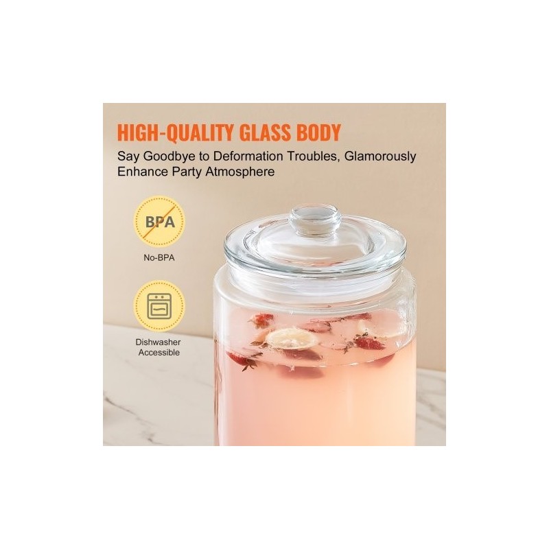 Lasinen juoma-annostelija 7,5 l ruostumaton teräshana puujalustalla lasikannella juhliin