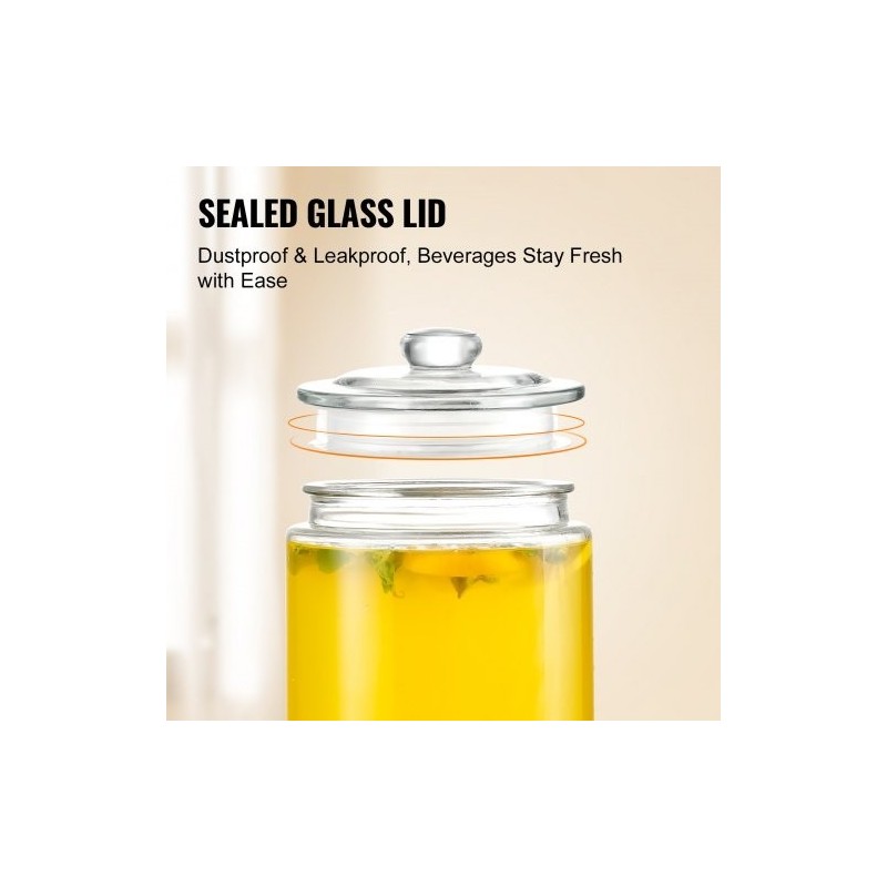 Lasinen juoma-annostelija 7,5 l ruostumaton teräshana puujalustalla lasikannella juhliin