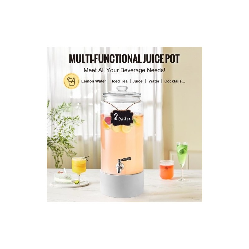 Lasinen juoma-annostelija 7,5 l ruostumaton teräshana puujalustalla lasikannella juhliin