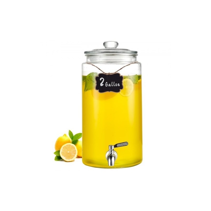 Lasinen juoma-annostelija 7,5 l ruostumaton teräshana puujalustalla lasikannella juhliin