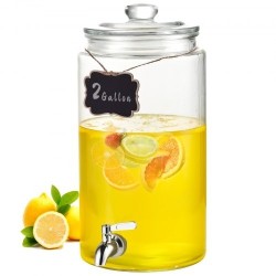 Lasinen juoma-annostelija 7,5 l ruostumaton teräshana puujalustalla lasikannella juhliin