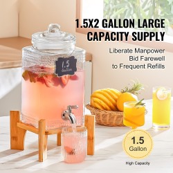 Lasinen juoma-annostelija 5,5 l ruostumattomalla hanalla puujalustalla juhliin