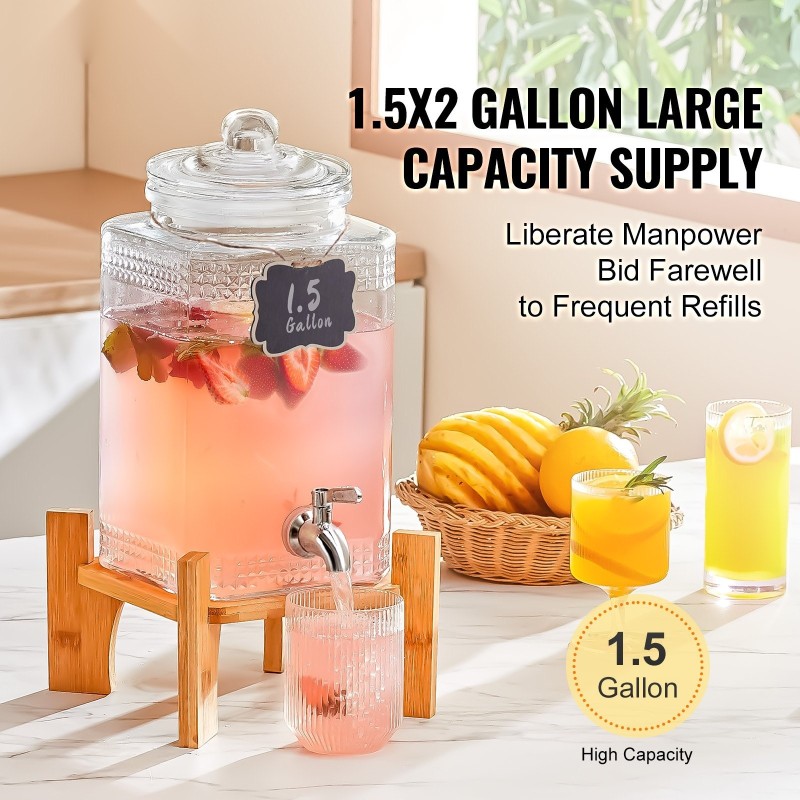 Lasinen juoma-annostelija 5,5 l ruostumattomalla hanalla puujalustalla juhliin