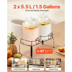 Kaksisylinterinen lasinen juomatispensori 11 L ruostumattomalla hanalla metallitelineellä