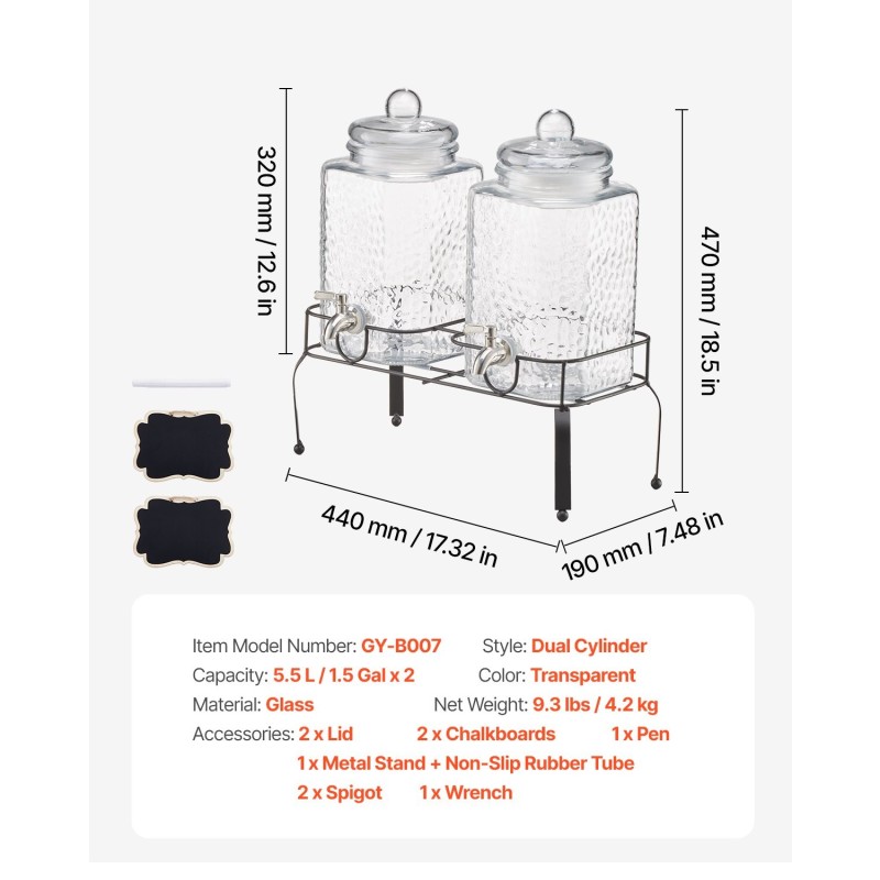Kaksisylinterinen lasinen juomatispensori 11 L ruostumattomalla hanalla metallitelineellä