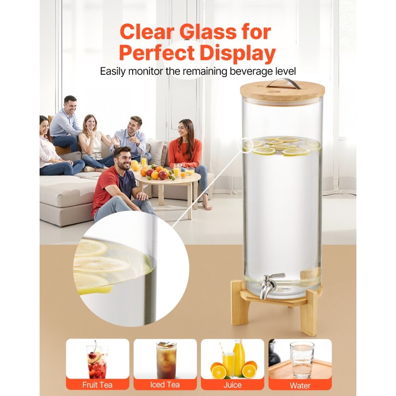 Juoma-annostelija 13 l borosilikaattilasinen puujalustalla ruostumaton teräshana juhliin