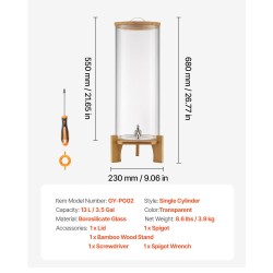 Juoma-annostelija 13 l borosilikaattilasinen puujalustalla ruostumaton teräshana juhliin
