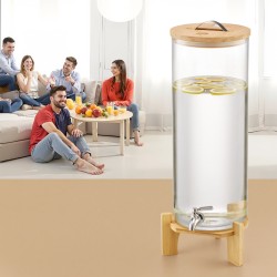 Juoma-annostelija 13 l borosilikaattilasinen puujalustalla ruostumaton teräshana juhliin