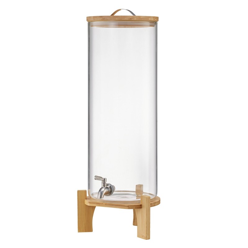 Juoma-annostelija 13 l borosilikaattilasinen puujalustalla ruostumaton teräshana juhliin