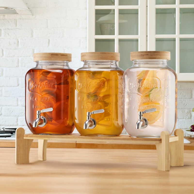 Lasinen kolmisylinterinen juoma-annostelija 11,4 l puinen teline ruostumaton hana