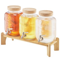 Lasinen kolmisylinterinen juoma-annostelija 11,4 l puinen teline ruostumaton hana