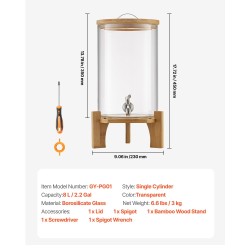 Lasinen juoma-annostelija 8 l borosilikaattilasi ruostumaton hana puinen jalusta