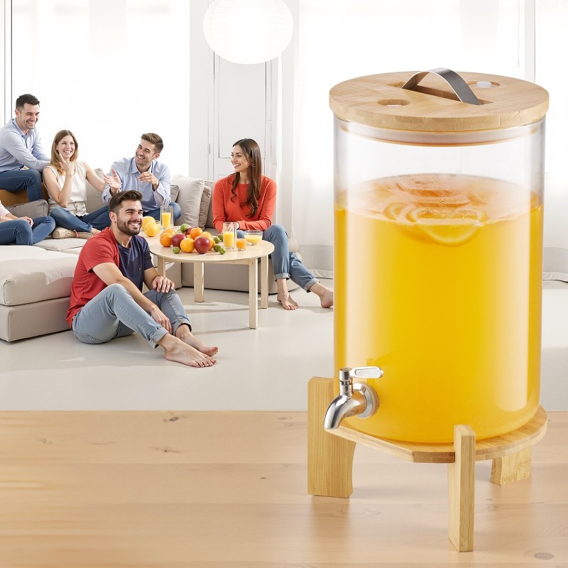 Lasinen juoma-annostelija 8 l borosilikaattilasi ruostumaton hana puinen jalusta