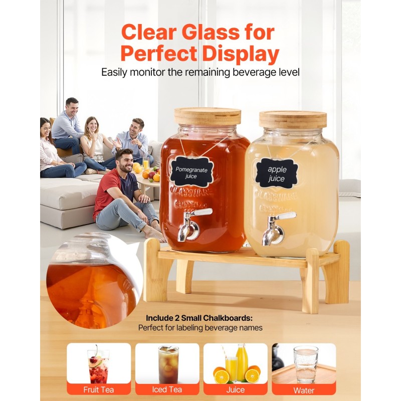 Lasinen juoma-annostelija kaksoissylinterinen 2 kpl yhteensä 7,6 l ruostumaton hana puujalustalla