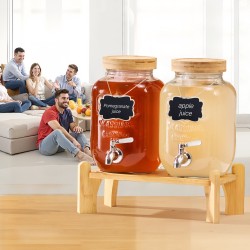 Lasinen juoma-annostelija kaksoissylinterinen 2 kpl yhteensä 7,6 l ruostumaton hana puujalustalla