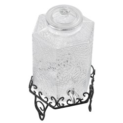 Lasinen elintarvikekelpoinen juoma annostelija 10 L metallitelineellä ja ruostumattomasta teräksestä valmistetulla hanalla