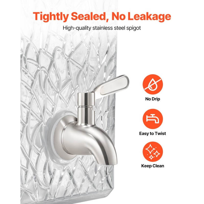 Lasinen elintarvikekelpoinen juoma-annostelija 10 L metallitelineellä ja ruostumattomasta teräksestä valmistetulla hanalla