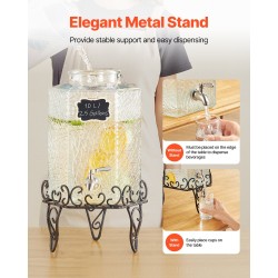 Lasinen elintarvikekelpoinen juoma-annostelija 10 L metallitelineellä ja ruostumattomasta teräksestä valmistetulla hanalla