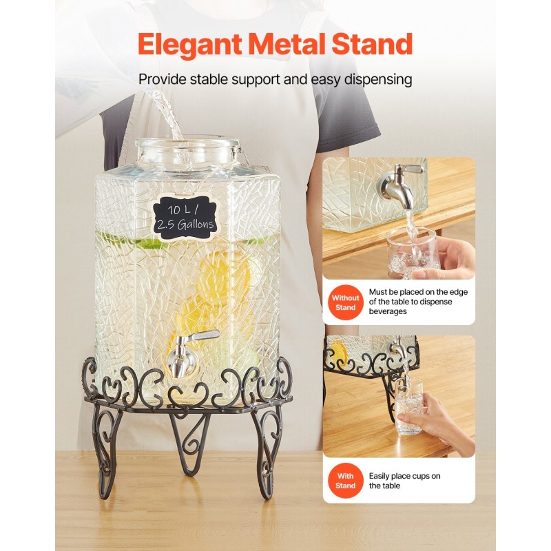 Lasinen elintarvikekelpoinen juoma-annostelija 10 L metallitelineellä ja ruostumattomasta teräksestä valmistetulla hanalla