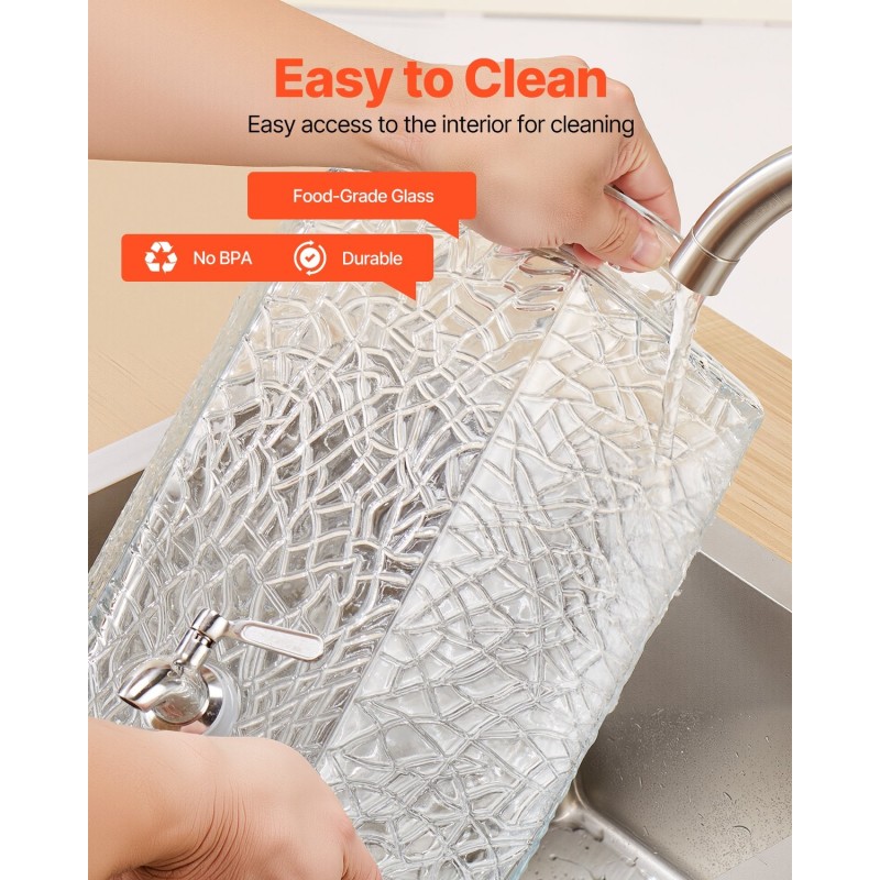 Lasinen elintarvikekelpoinen juoma-annostelija 10 L metallitelineellä ja ruostumattomasta teräksestä valmistetulla hanalla