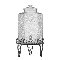 Lasinen elintarvikekelpoinen juoma-annostelija 10 L metallitelineellä ja ruostumattomasta teräksestä valmistetulla hanalla