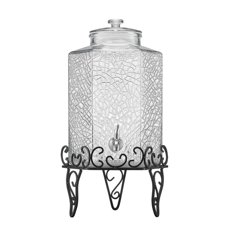 Lasinen elintarvikekelpoinen juoma-annostelija 10 L metallitelineellä ja ruostumattomasta teräksestä valmistetulla hanalla