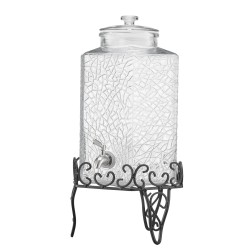 Lasinen elintarvikekelpoinen juoma-annostelija 10 L metallitelineellä ja ruostumattomasta teräksestä valmistetulla hanalla