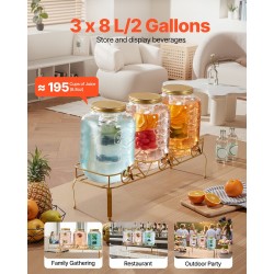 Lasinen juoma-annostelija kolmella kahdeksan litran säiliöllä metallijalustalla ruostumaton hana infuserilla