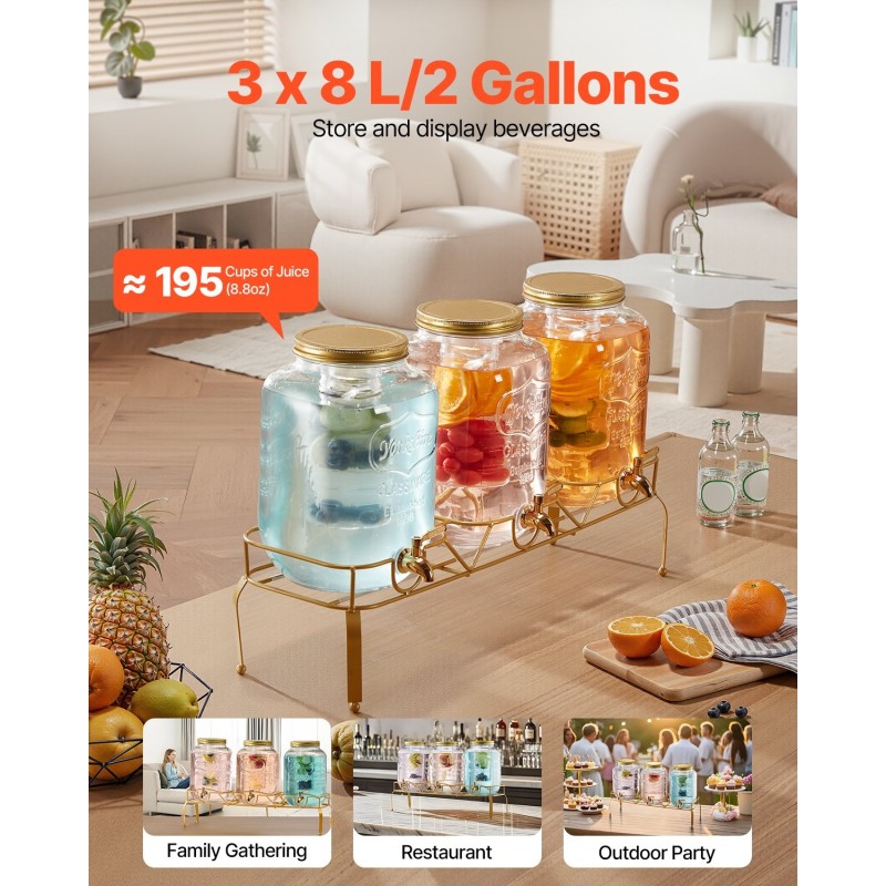 Lasinen juoma-annostelija kolmella kahdeksan litran säiliöllä metallijalustalla ruostumaton hana infuserilla