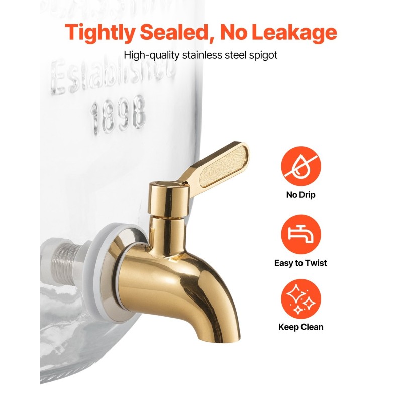 Lasinen juoma-annostelija kolmella kahdeksan litran säiliöllä metallijalustalla ruostumaton hana infuserilla