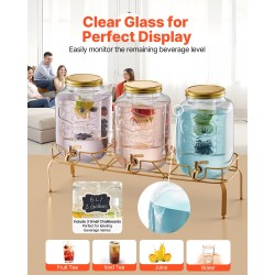 Lasinen juoma-annostelija kolmella kahdeksan litran säiliöllä metallijalustalla ruostumaton hana infuserilla