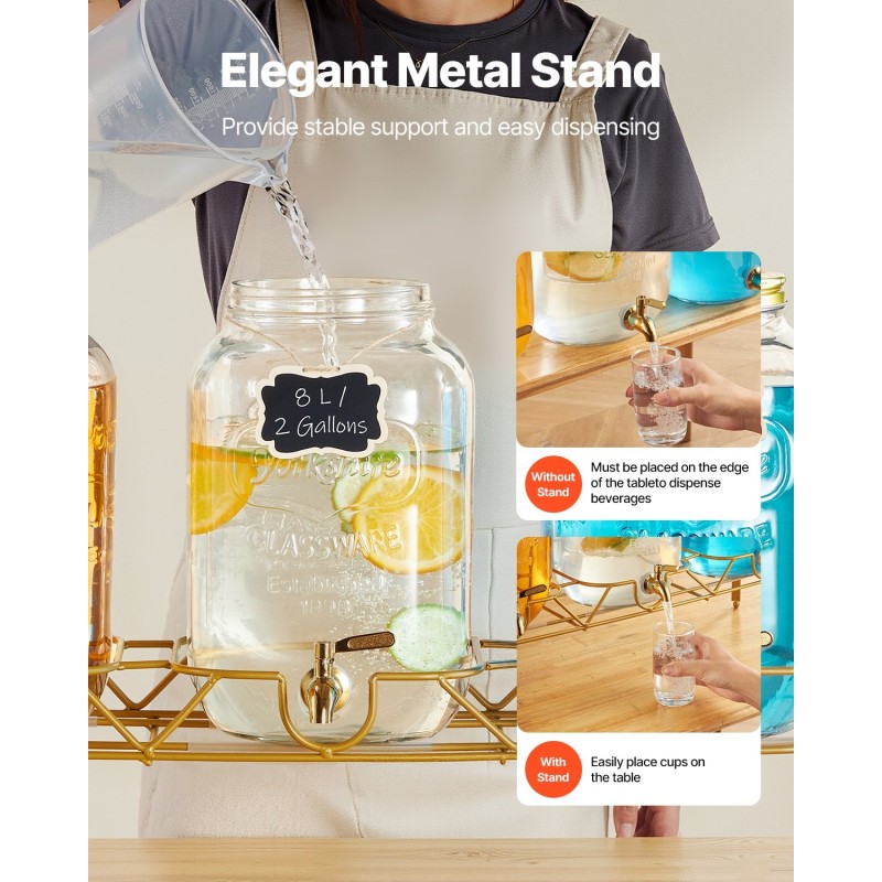 Lasinen juoma-annostelija kolmella kahdeksan litran säiliöllä metallijalustalla ruostumaton hana infuserilla