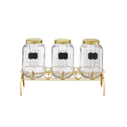 Lasinen juoma-annostelija kolmella kahdeksan litran säiliöllä metallijalustalla ruostumaton hana infuserilla