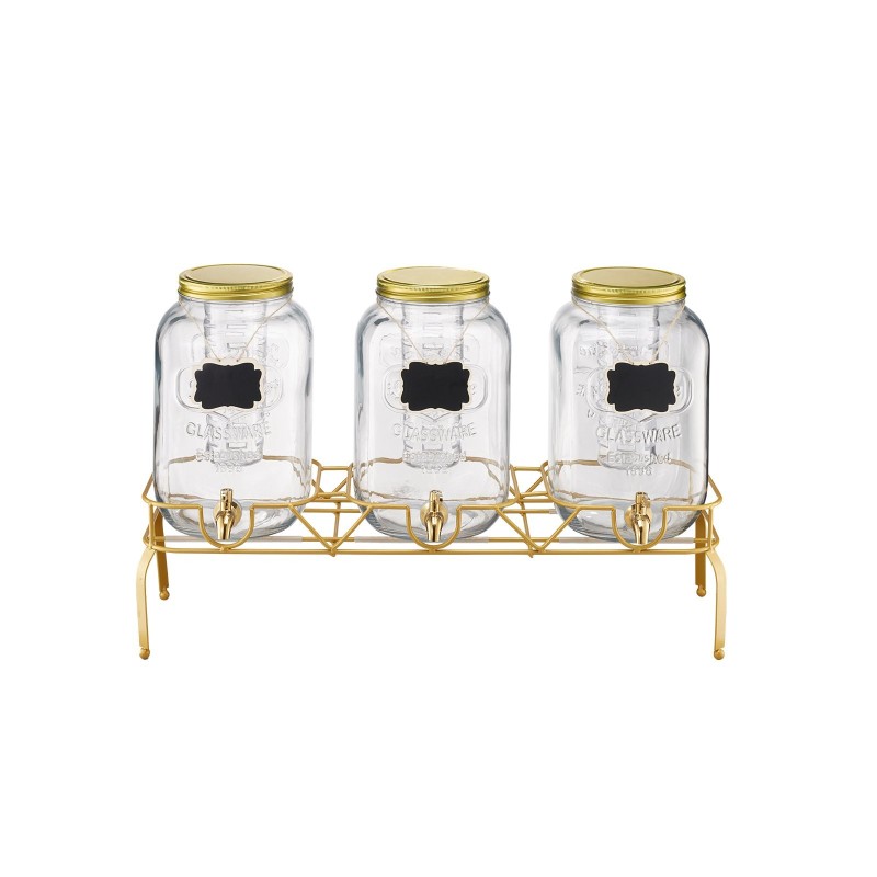 Lasinen juoma-annostelija kolmella kahdeksan litran säiliöllä metallijalustalla ruostumaton hana infuserilla