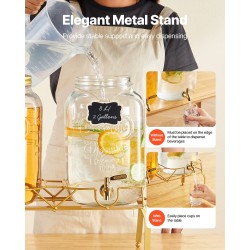 Lasinen juoma-annostelija kahdella kahdeksan litran säiliöllä metallisella telineellä ja ruostumattomalla hanalla